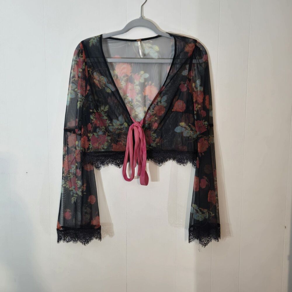 Free People Womens Floral Sheer Long Belle Sleeve Tie Lace Babydoll Blouse M